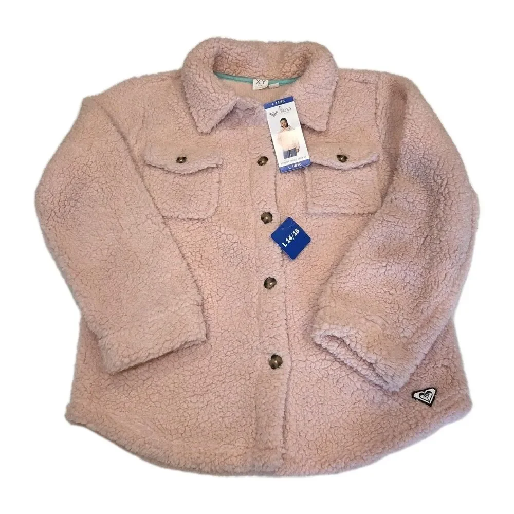 ROXY Girl Fleece Sherpa Shacket Jacket Pink Button Front Pockets Size L
